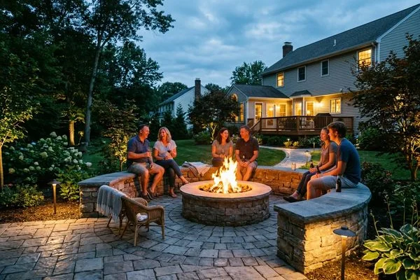 Completed paver patio with fire pit in a Hartford area backyard