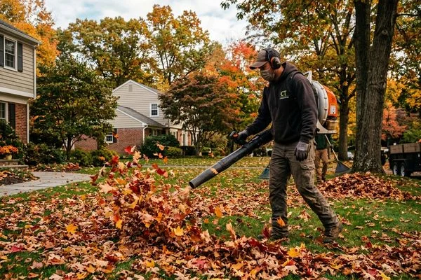 Connecticut yard with fall leaves being cleared by landscaping crew