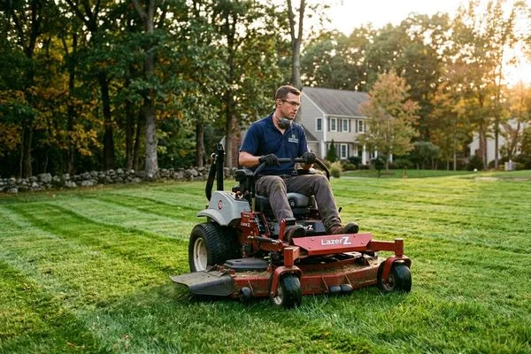 Crew member mowing a residential lawn in Hartford, CT