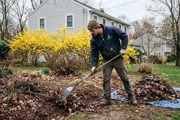 Landscaping crew raking spring debris from a Hartford area yard