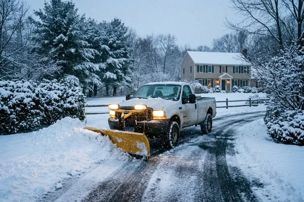 Snow plow truck clearing a driveway in Hartford, CT
