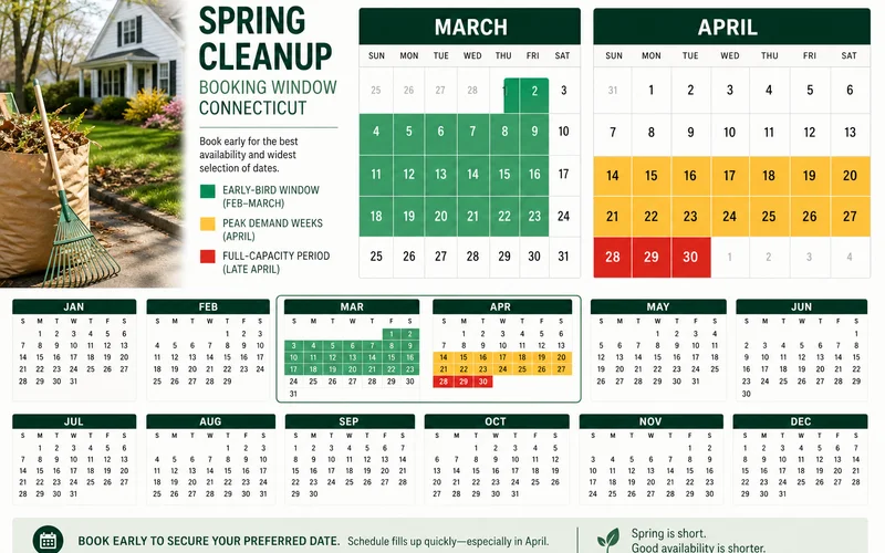 Calendar showing March-April booking window for Connecticut spring cleanup