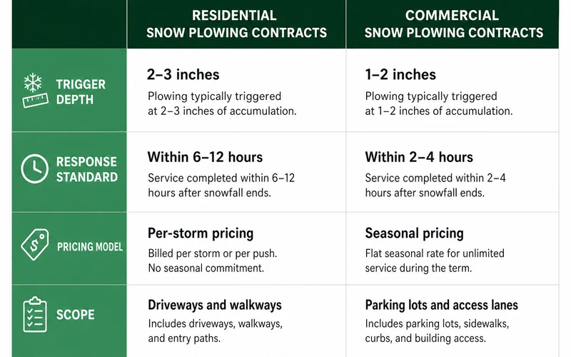 Residential vs commercial snow plowing contract comparison