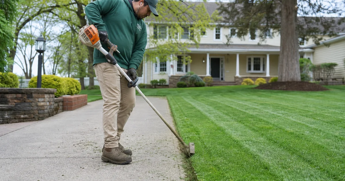 Connecticut suburban lawn with crew member finishing perimeter edge work after mowing