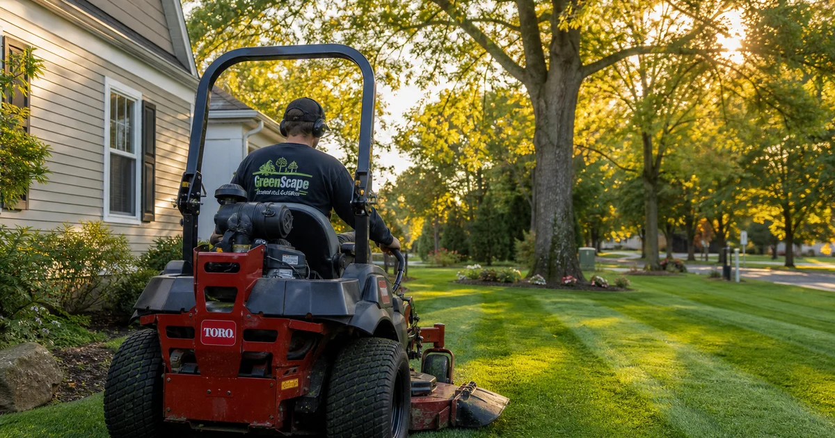 Crew member operating a zero-turn mower across a mature Hartford County suburban lawn at golden hour