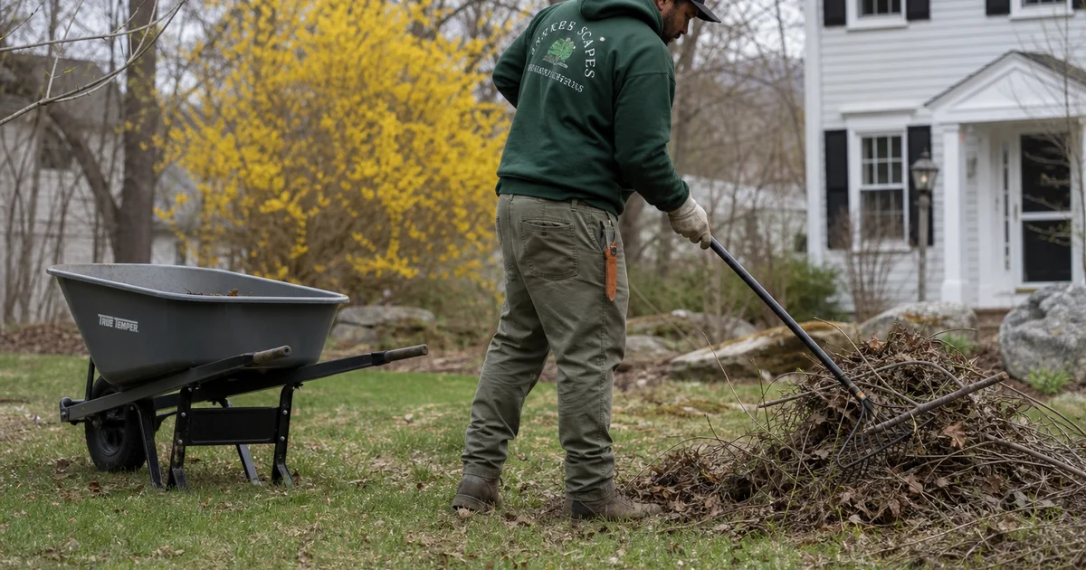 Crew member raking winter debris from a Connecticut property in early spring