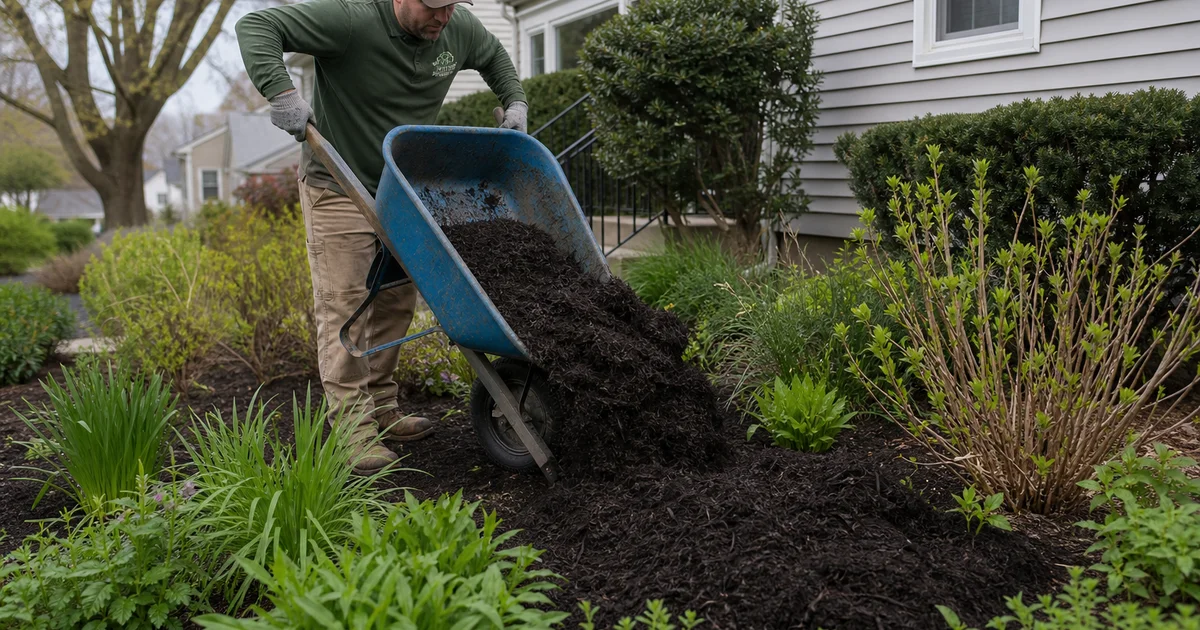 Crew spreading fresh dark bark mulch in a Hartford County garden bed