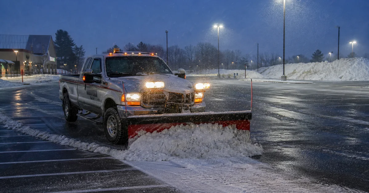 Snow plow clearing a commercial parking lot in Hartford County early morning