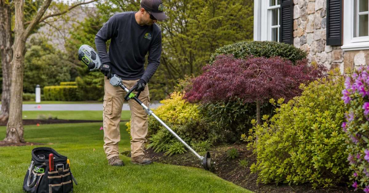 Lawn crew completing perimeter edging on a Hartford County suburban lawn