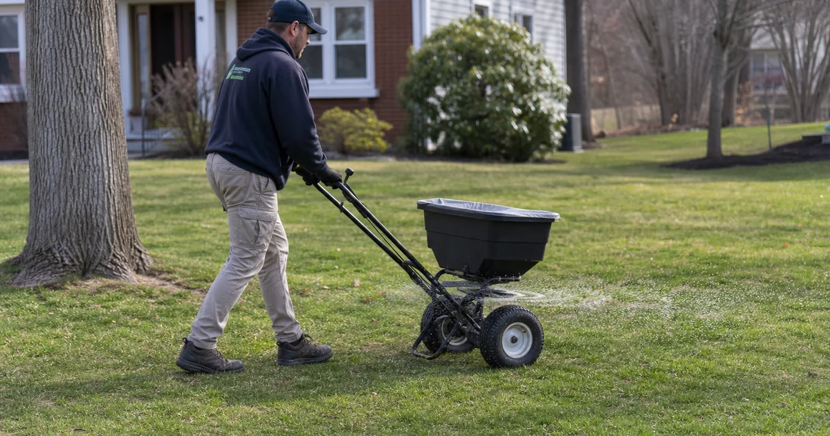 Lawn specialist applying spring fertilizer with a commercial spreader across a Hartford County lawn
