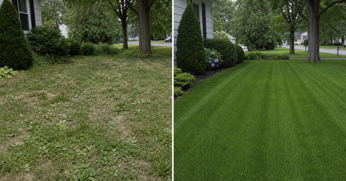 Side-by-side comparison of a patchy DIY lawn vs a professionally maintained Hartford County lawn