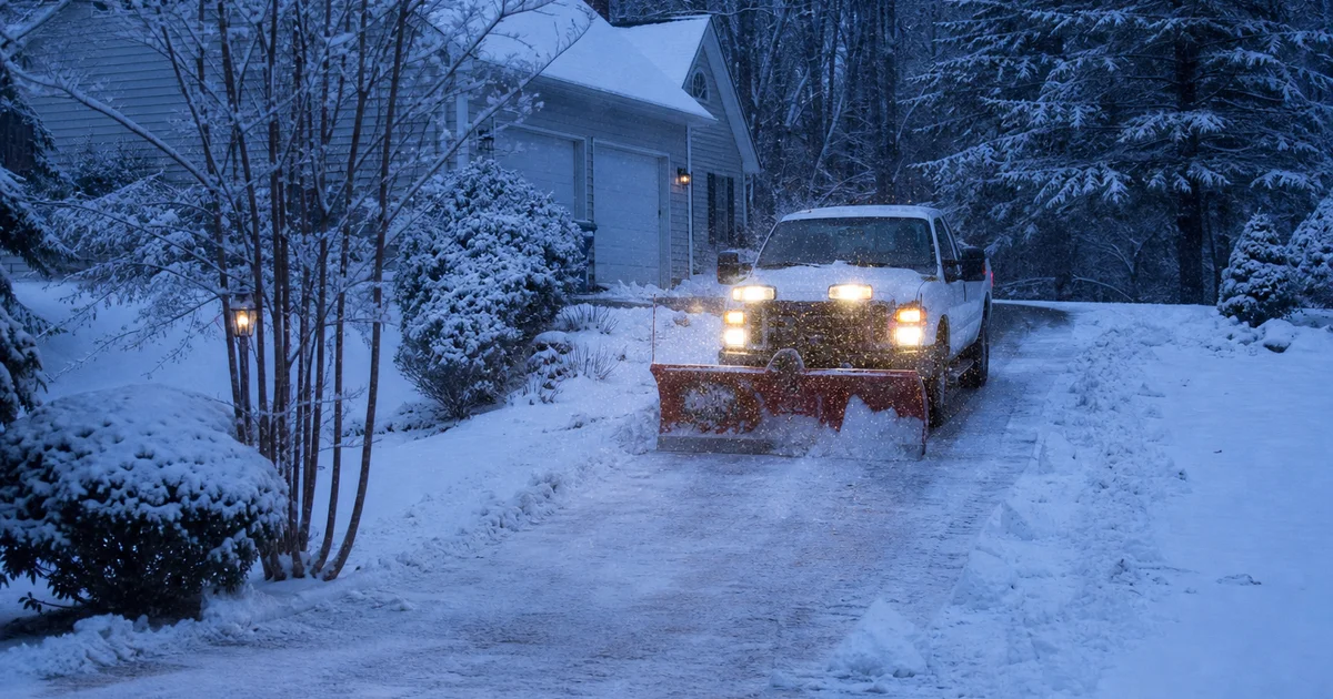 Snow plow truck clearing a Hartford County driveway during a winter storm