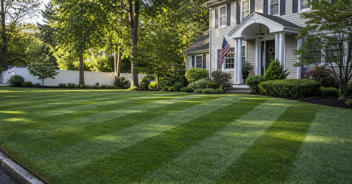 Two side-by-side photos of a suburban Connecticut lawn - neatly mowed vs slightly overgrown